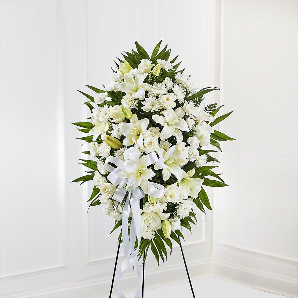 Exquisite Tribute Standing Spray-White Ribbon – Rosemary Flower Shop Inc, Wappingers Falls NY