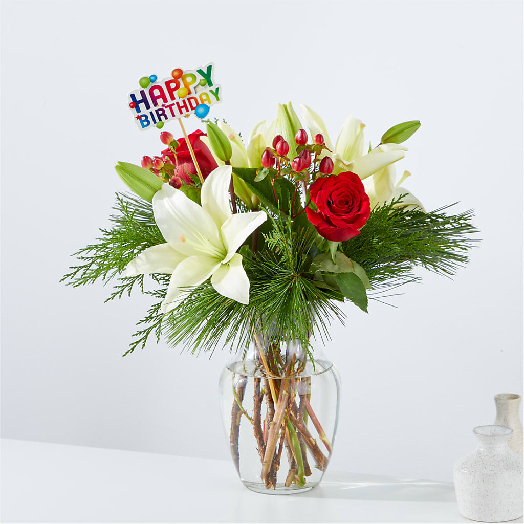 Evergreen Delight Bouquet & Happy Birthday Topper – Rosemary Flower Shop Inc, Wappingers Falls NY