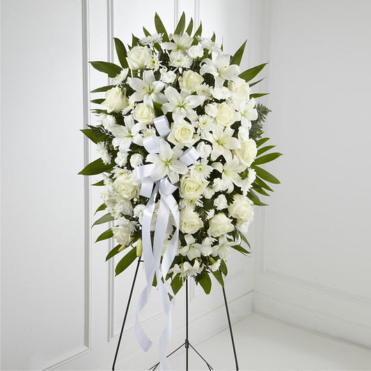 Exquisite Tribute Standing Spray-White Ribbon –  Rosemary Flower Shop Inc, Wappingers Falls NY