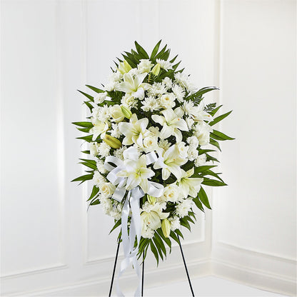 Exquisite Tribute Standing Spray-White Ribbon –  Rosemary Flower Shop Inc, Wappingers Falls NY